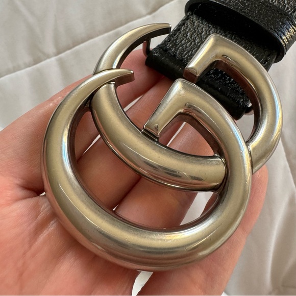 Gucci Authentic Unisex GG Marmont Black Leather Wide Belt Brass Buckle, Sz 80/32 - Picture 6 of 15